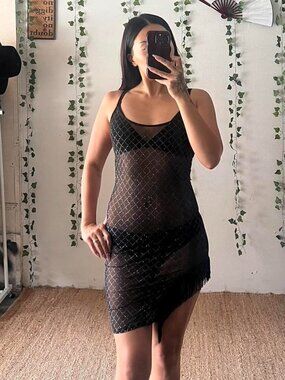 12th Tribe black and silver sparkle mesh midi dress with fringe